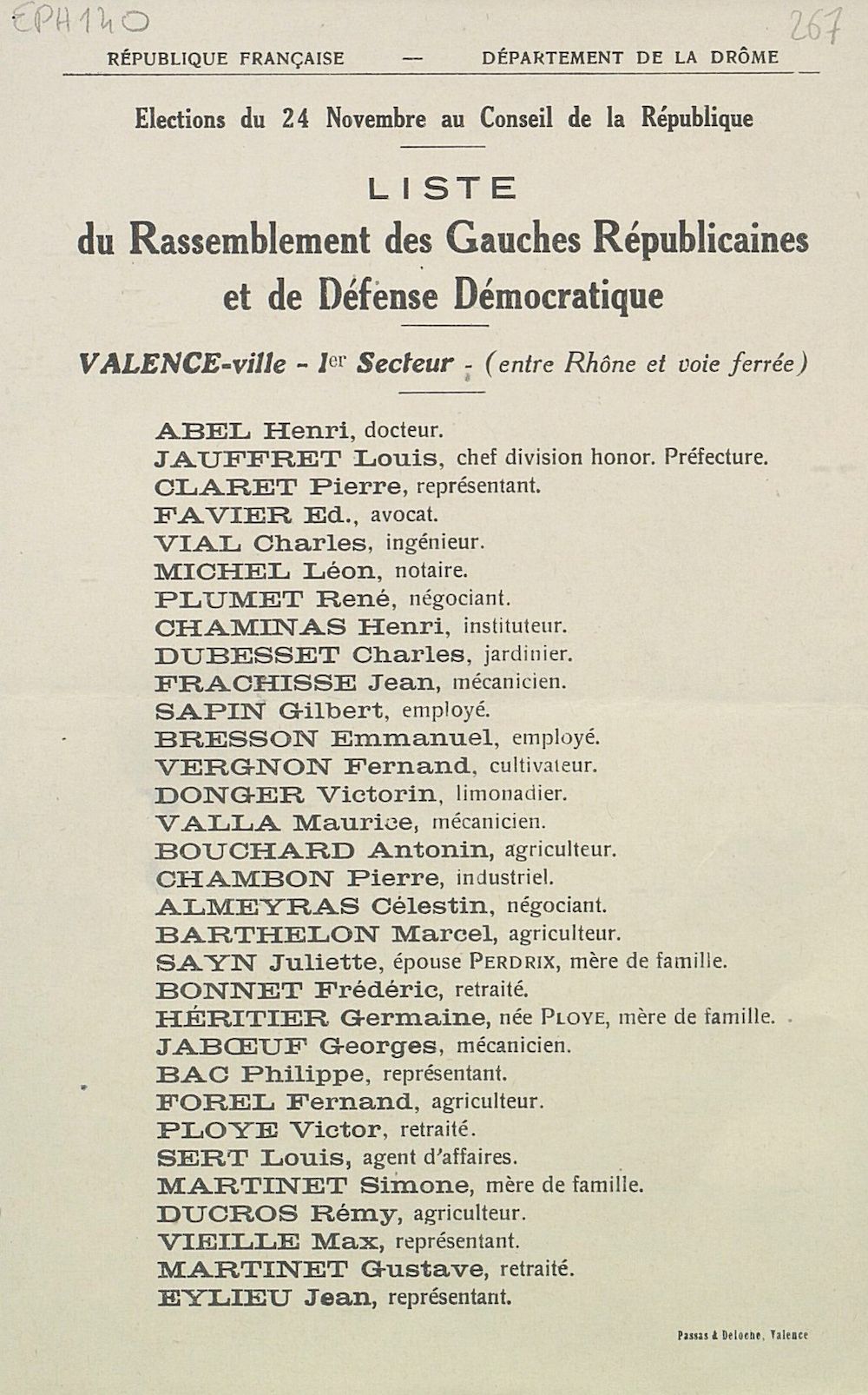 Département de la Drôme. Élection du 24 novembre au Conseil de la République : liste du Rassemblement des Gauches Républicaines et de Défense Démocratique