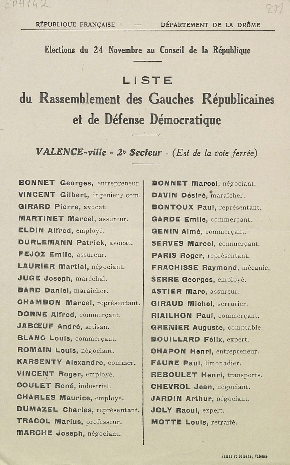 Département de la Drôme. Élection du 24 novembre au Conseil de la République : liste du Rassemblement des Gauches Républicaines et de Défense Démocratique : Valence-ville 2e secteur