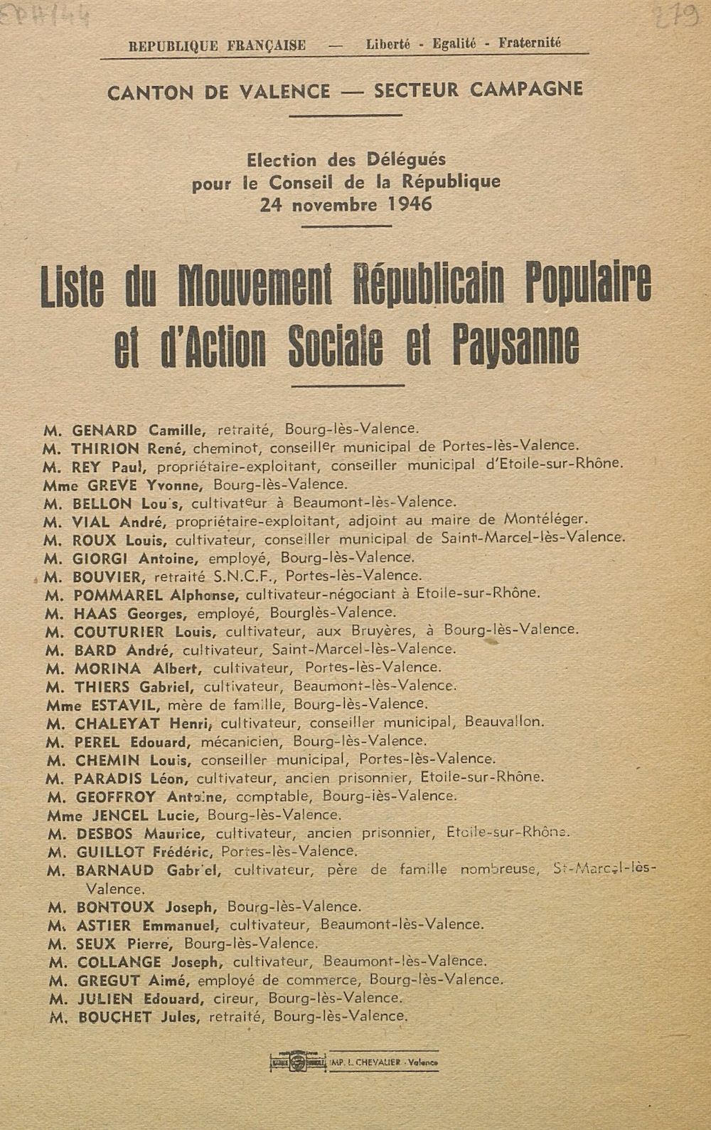 Canton de Valence. Élection des Délégués pour le Conseil de la République 24 novembre 1946 :  liste du Mouvement Républicain Populaire et d'Action Sociale et Paysanne