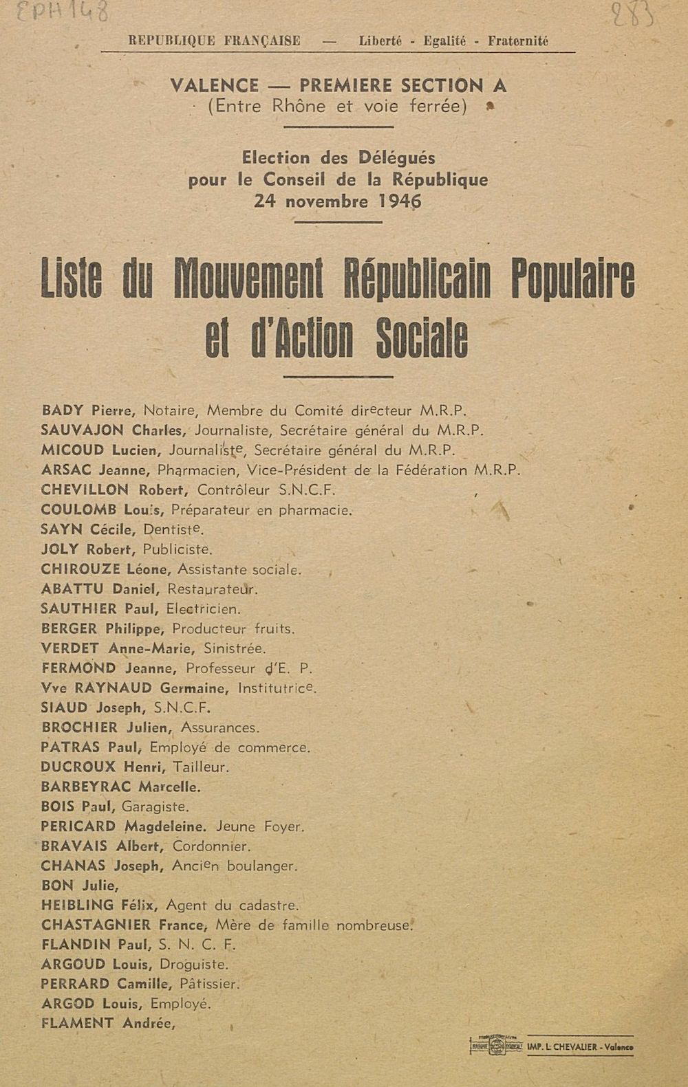 Election des délégués pour le Conseil de la République 24 novembre 1946 : liste du Mouvement Républicain Populaire et d'Action Sociale et Paysanne : Valence - première section A