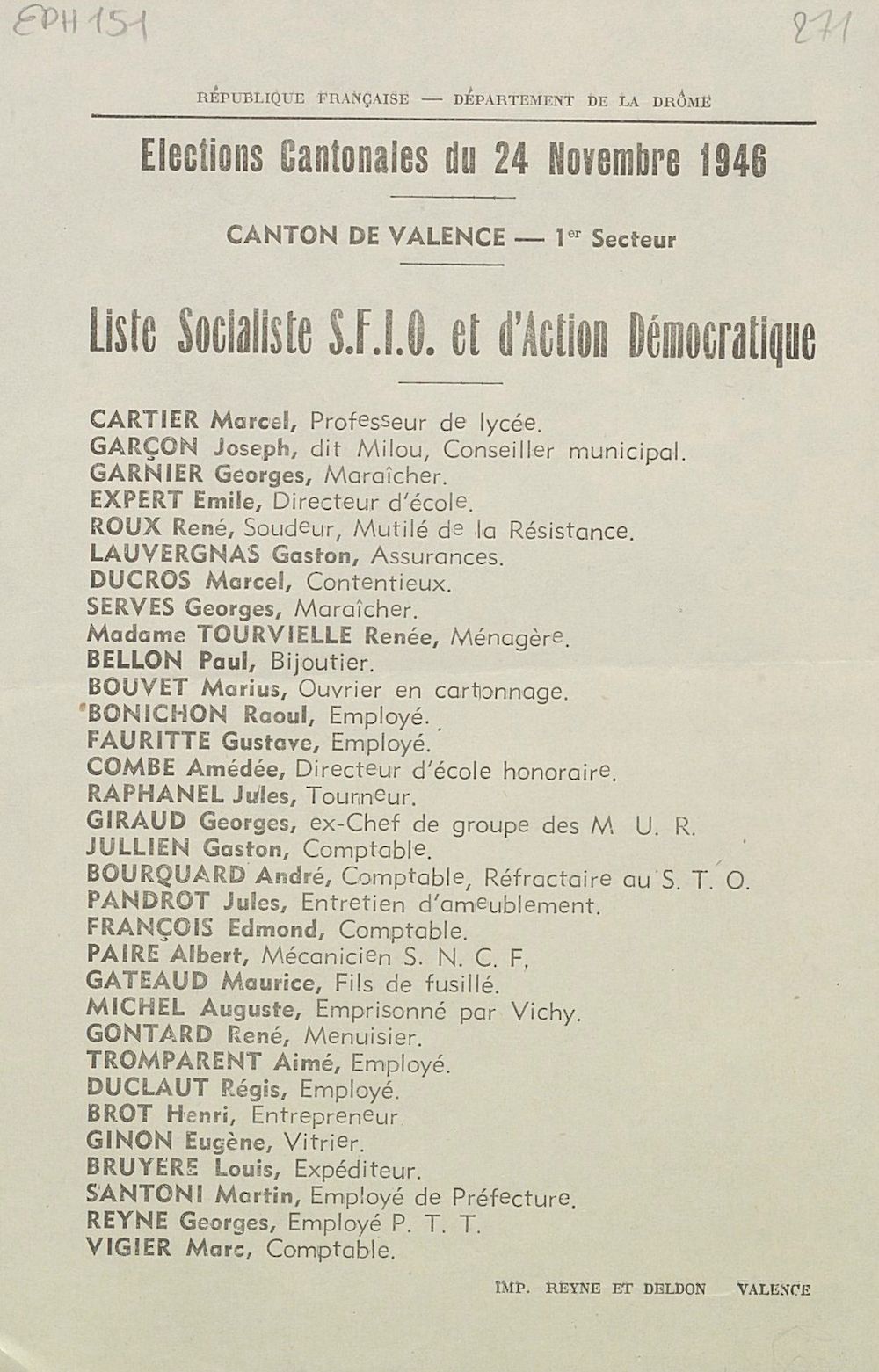 Département de la Drôme. Canton de Valence - 1er secteur. Élection cantonales du 24 novembre 1946 : liste socialiste S.F.I.O. et d'Action Démocratique 