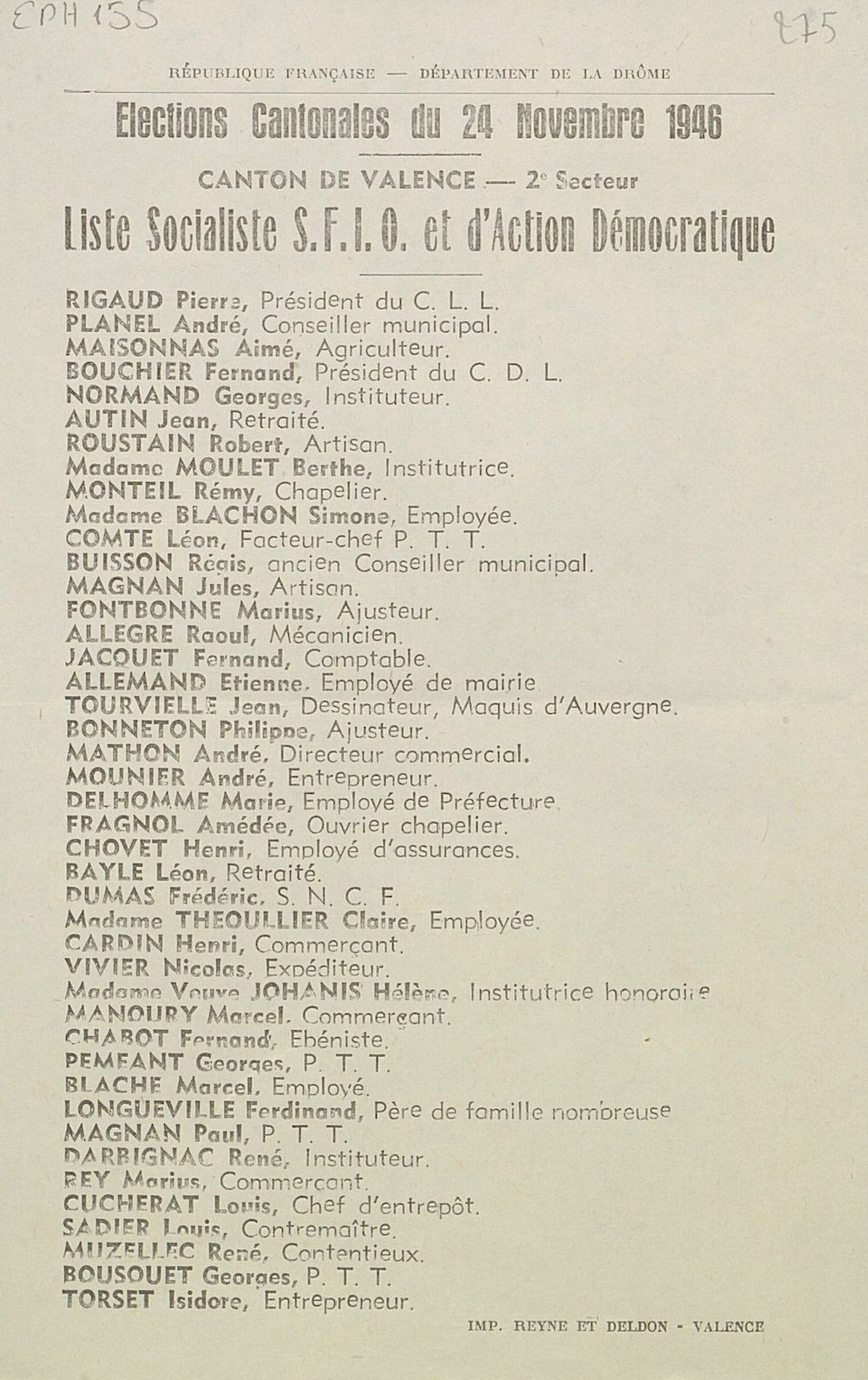 Département de la Drôme. Canton de Valence - 2e secteur. Élection cantonales du 24 novembre 1946 : liste Socialiste S.F.I.O. et d'Action Démocratique