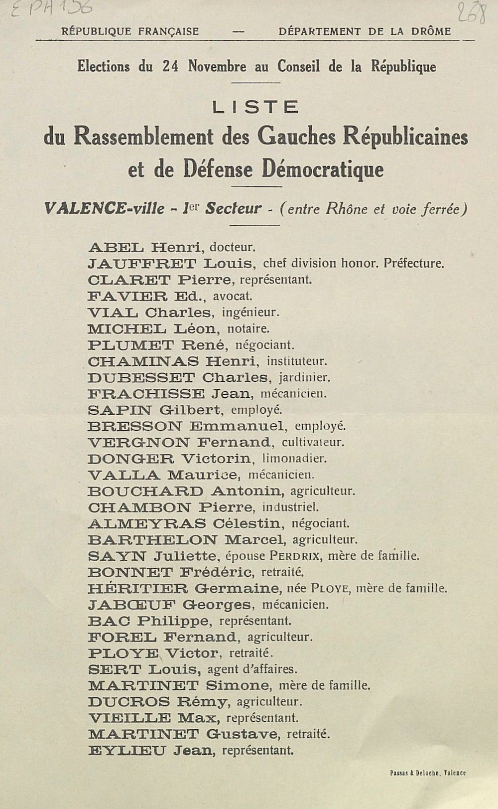 Département de la Drôme. Canton de Valence. Élection du 24 novembre au Conseil de la République : liste du Rassemblement des Gauches Républicaines et de Défense Démocratique