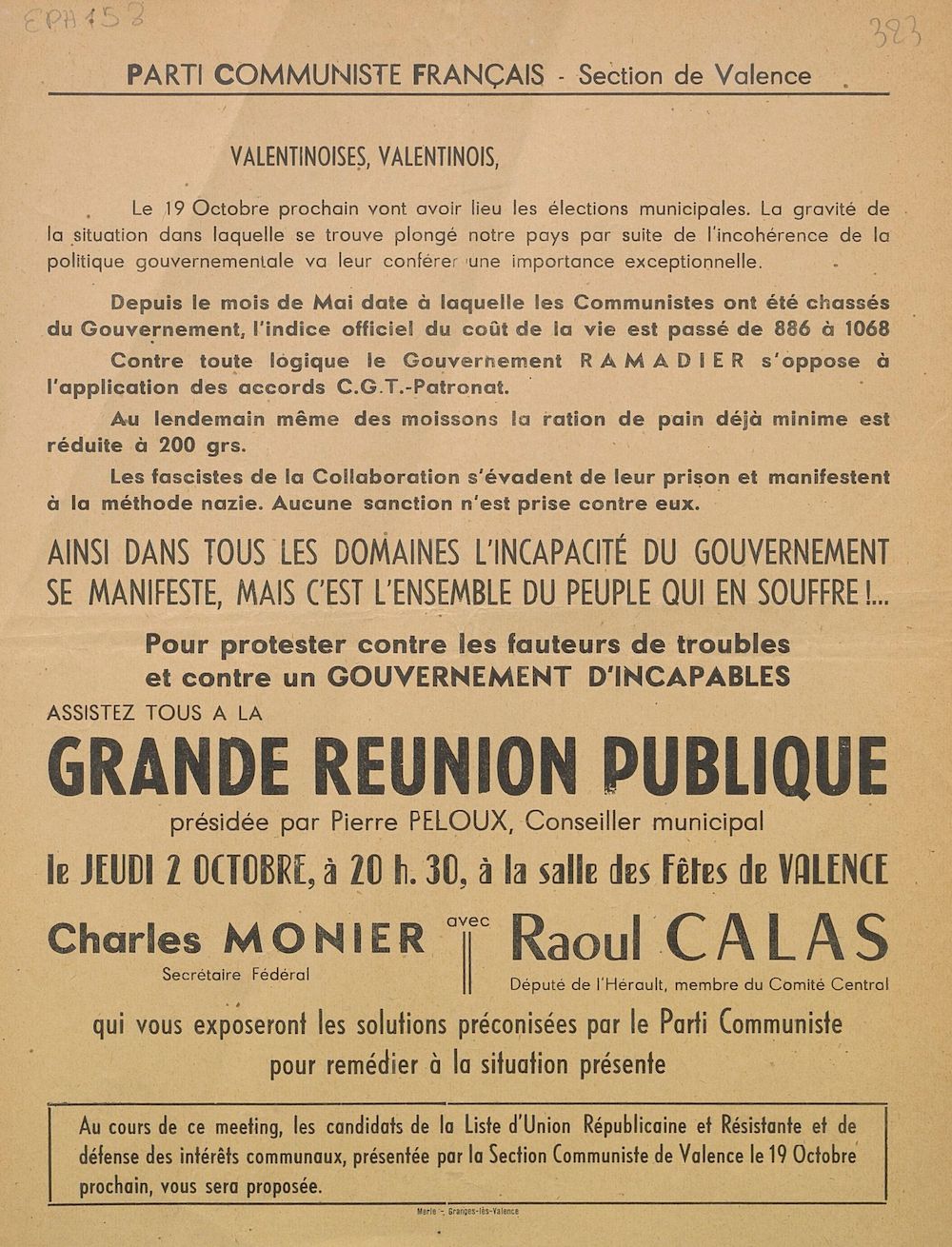 Parti Communiste Français. Section de Valence : [réunion publique présidée par Pierre Pelloux]