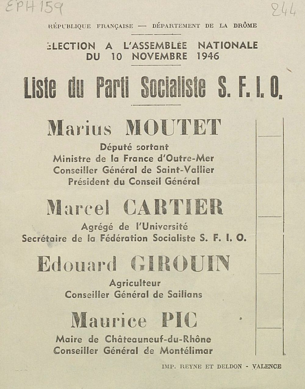 Département de la Drôme. Election à l'Assemblée nationale du10 novembre 1946 : liste du Parti Socialiste S.F.I.O.