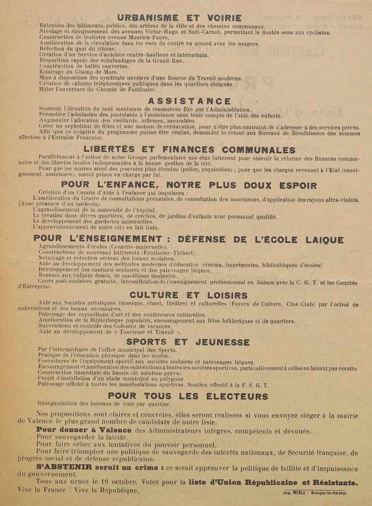 Commune de Valence. Élections municipales du 19 octobre 1947 : liste d'Union Républicaine et Résistante et de Défense des Intérêts Communaux présentée par le Parti Communiste Français [programme]