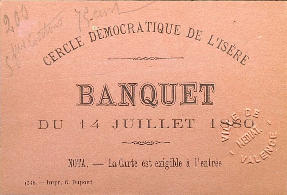 Carte d'invitation au banquet du 14 juillet 1880 : Cercle démocratique de l'Isère