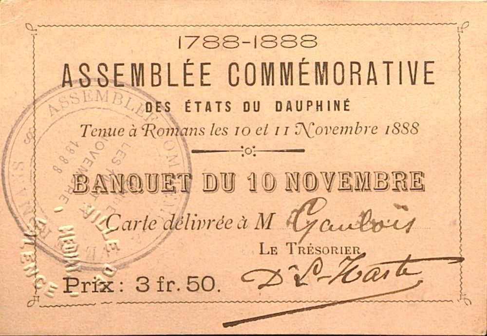 Carte d'invitation à l'Assemblée commémorative des Etats du Dauphiné : tenue à Romans les 10 et 11 Novembre 1888