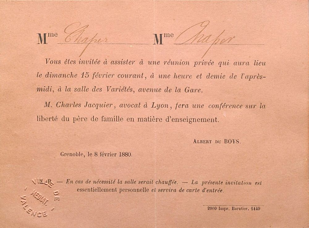 Carte d'invitation à une conférence adressée à Mme Chaper, 8 février 1880