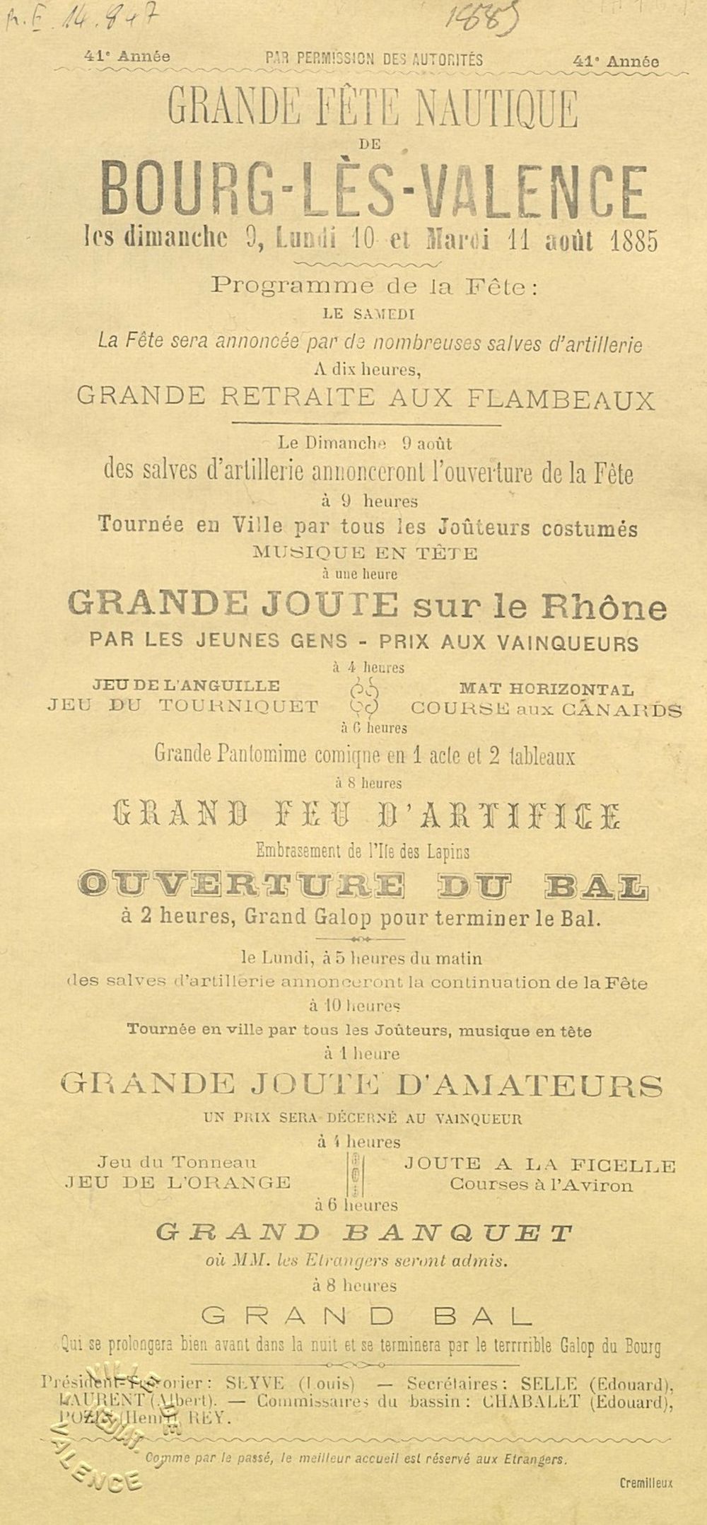 Programme de la Grande fête nautique de Bourg-lès-Valence les Dimanche 9, lundi 10 et mardi 11 août 1885