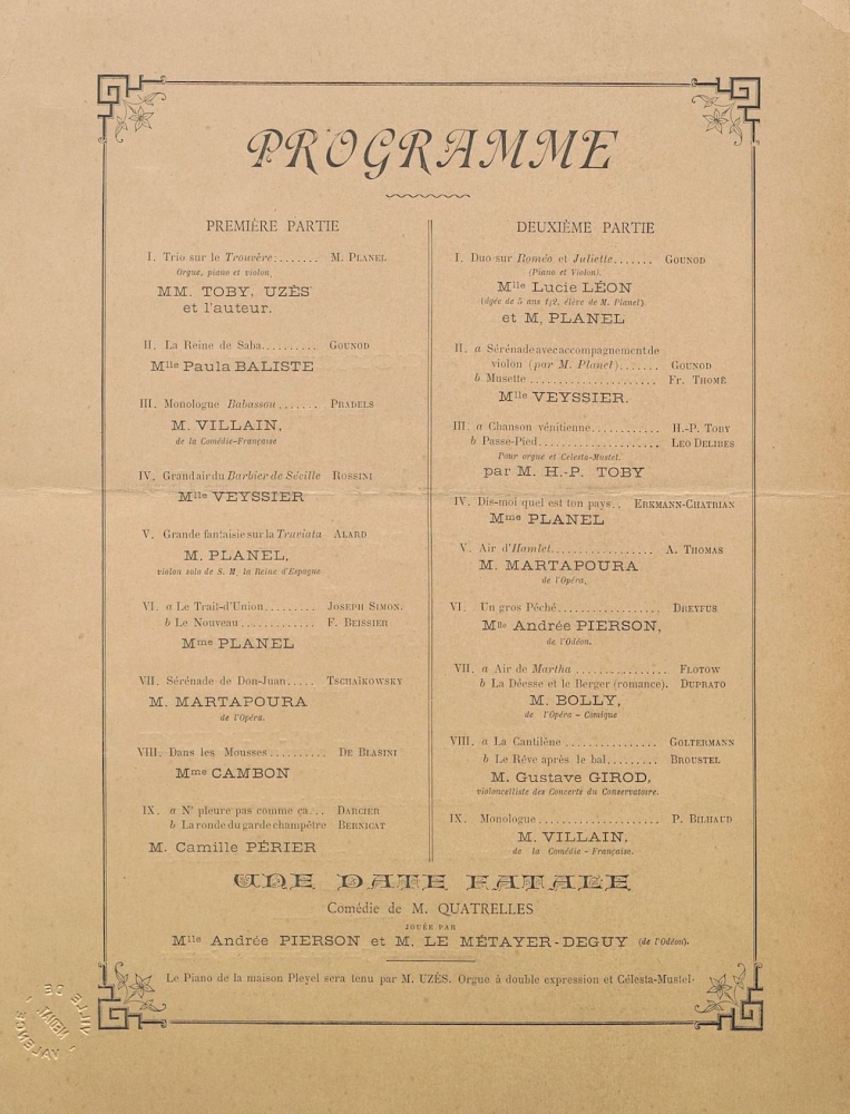 Affiche-programme du Concert donné par l'Union fraternelle de la Drôme au bénéfice de la catastrophe du Col-de-Rousset le dimanche 15 Avril 1888