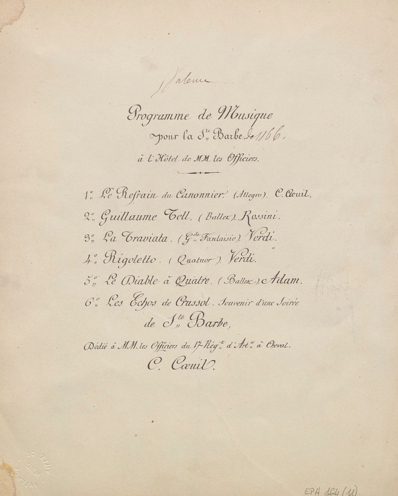 Menu. Programme de musique pour la Sainte Barbe de 1866 à l'hôtel de MM. les Officiers