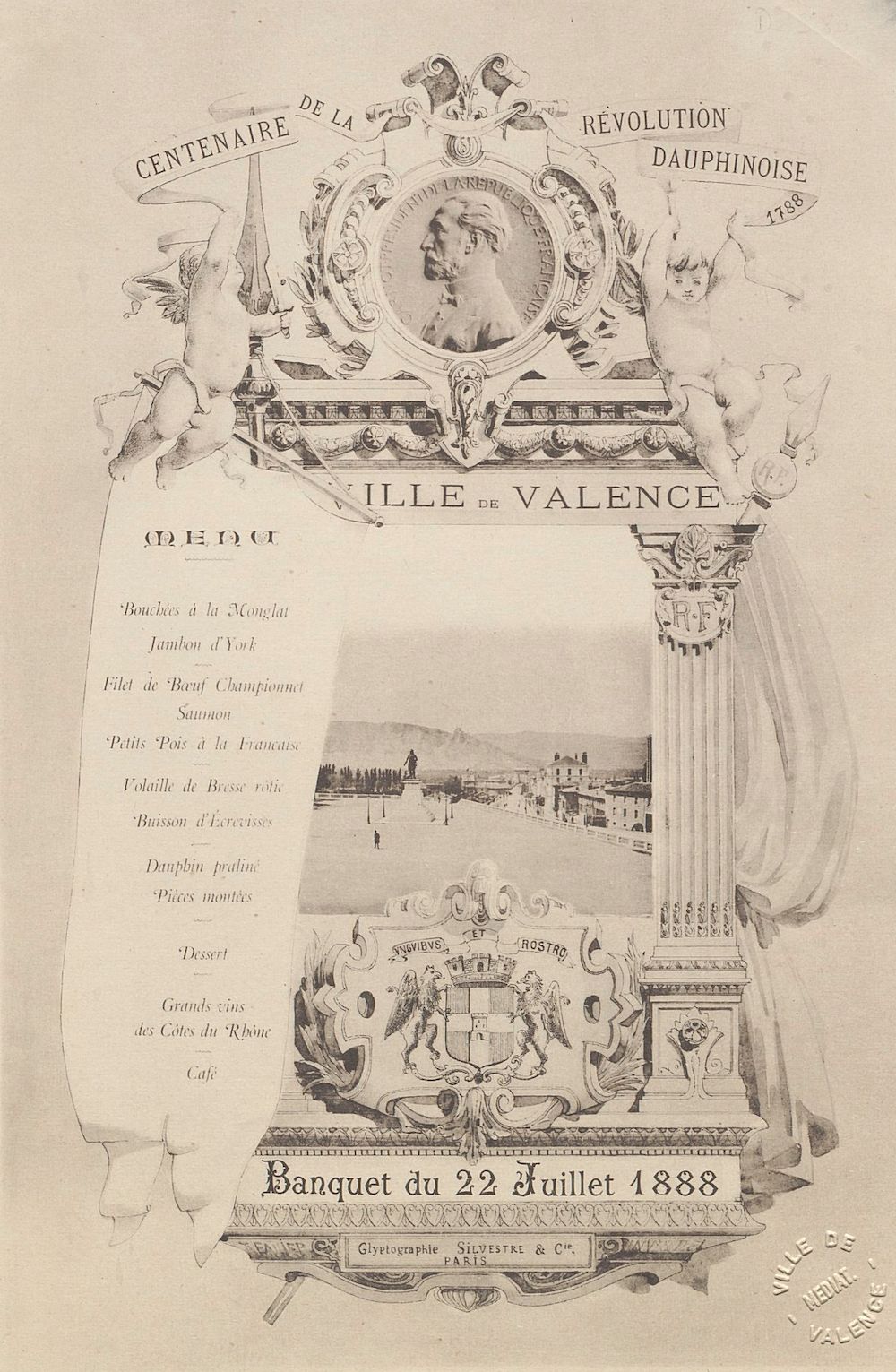 Ville de Valence : menu du banquet du 22 Juillet 1888 donné à Valence pour le centenaire de la Révolution dauphinoise