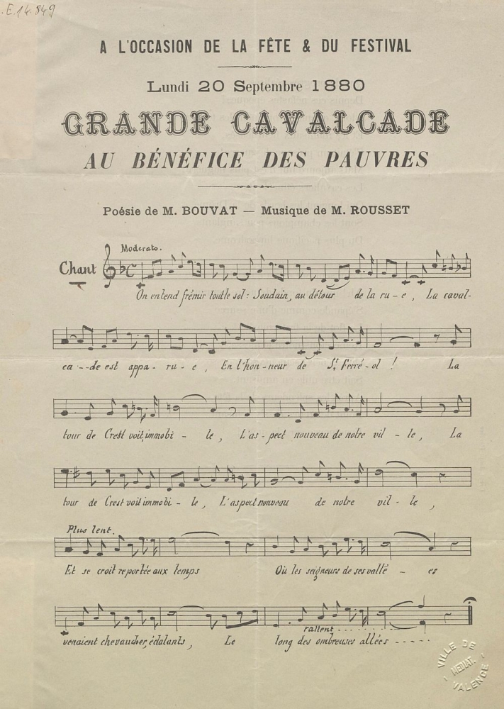 Poésie et partition pour la Grande Cavalcade au bénéfice des pauvres, lundi 20 septembre 1880 : poésie de M. Bouvat, musique de M. Rousset