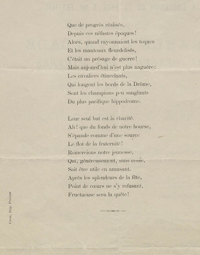 Poésie et partition pour la Grande Cavalcade au bénéfice des pauvres, lundi 20 septembre 1880 : poésie de M. Bouvat, musique de M. Rousset