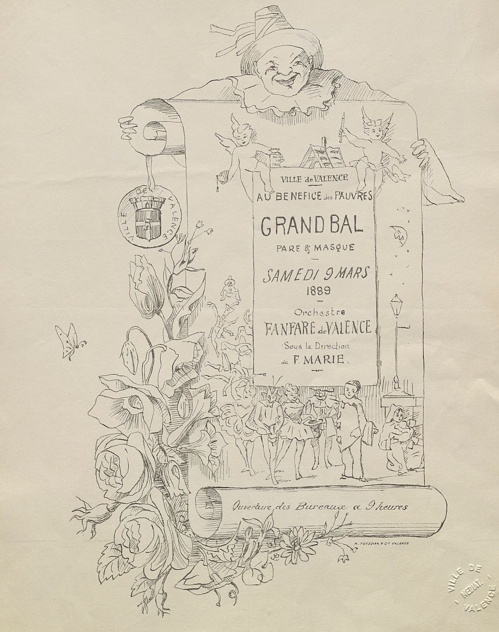 Ville de Valence : grand bal paré et masqué donné par la Fanfare de Valence au bénéfice des pauvres, samedi 9 mars 1889