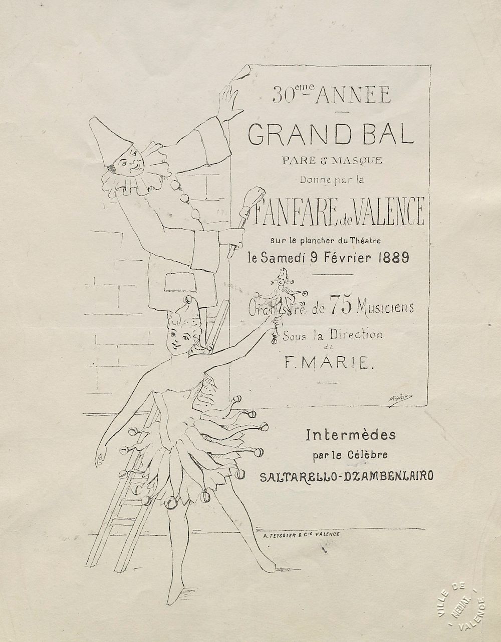 Grand bal paré et masqué donné par la Fanfare de Valence sur le plancher du Théâtre, samedi 9 février 1889