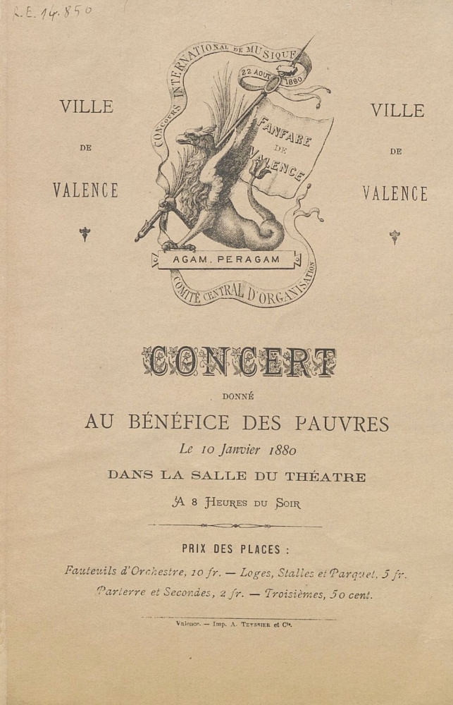 Ville de Valence : concert donné au bénéfice des pauvres le 10 janvier 1880