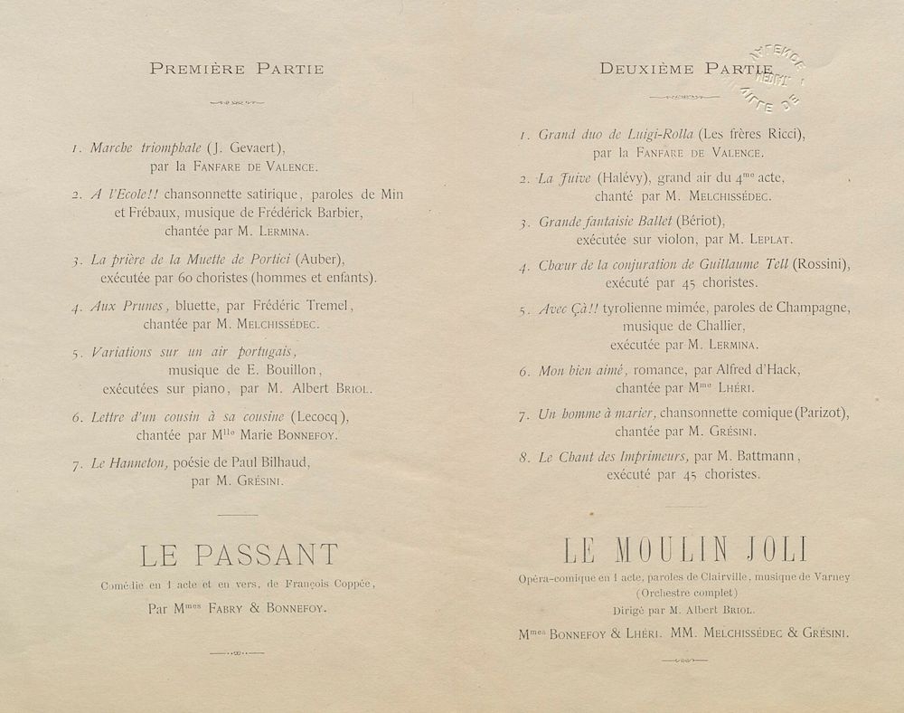 Ville de Valence : concert donné au bénéfice des pauvres le 10 janvier 1880