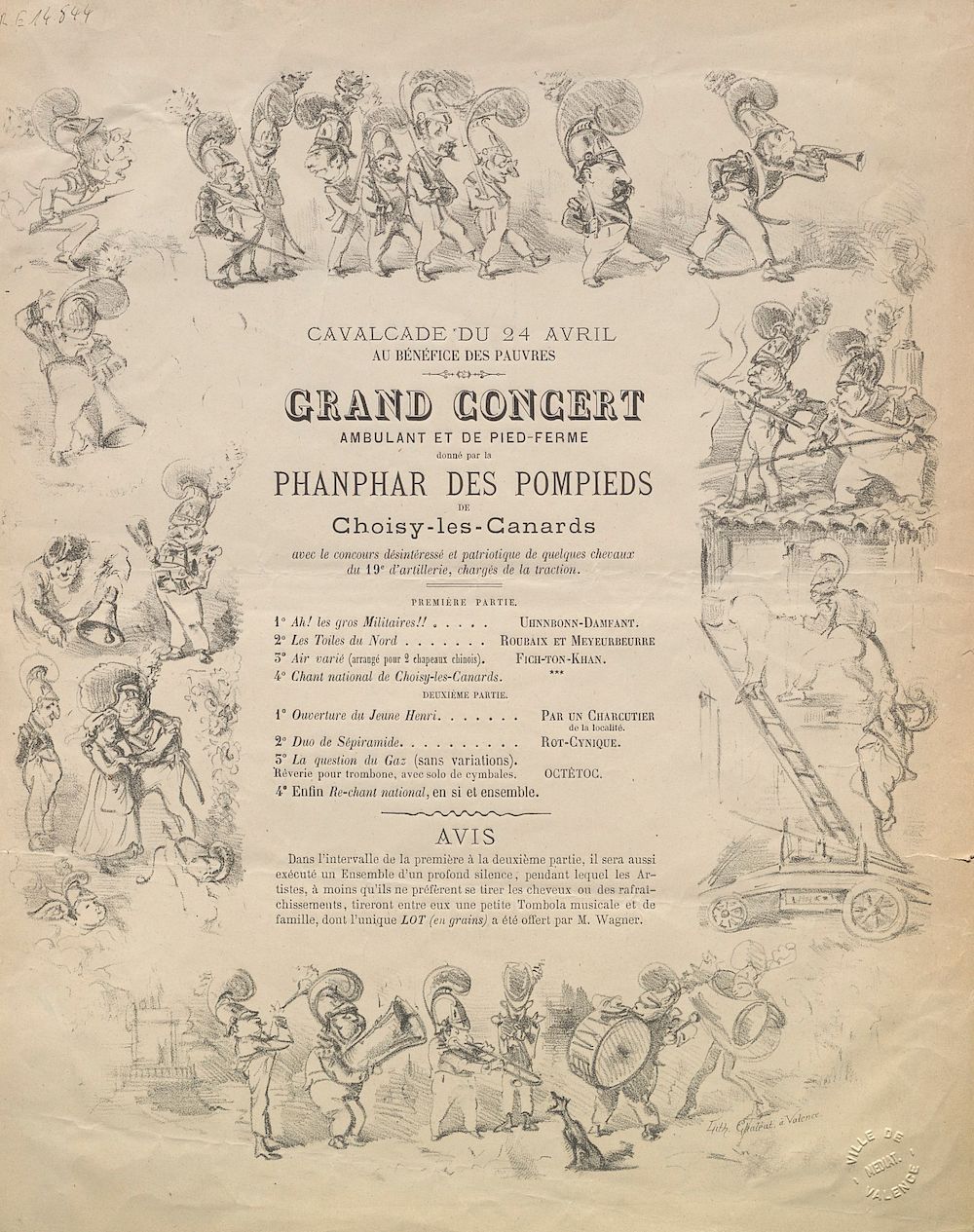 Cavalcade du 24 avril au bénéfice des pauvres : grand concert ambulant et de pied-ferme donné par la phanphar des pompieds de Choisy-les Canards