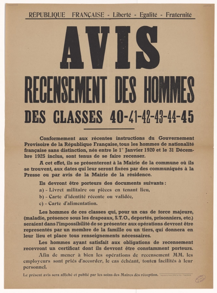 Avis : Recensement des hommes des classes 40-41-42-43-44-45