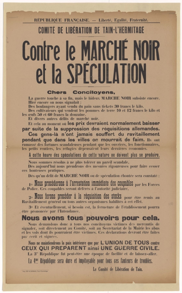 Comité de Libération de Tain l'Hermitage. Contre le marché noir et la spéculation