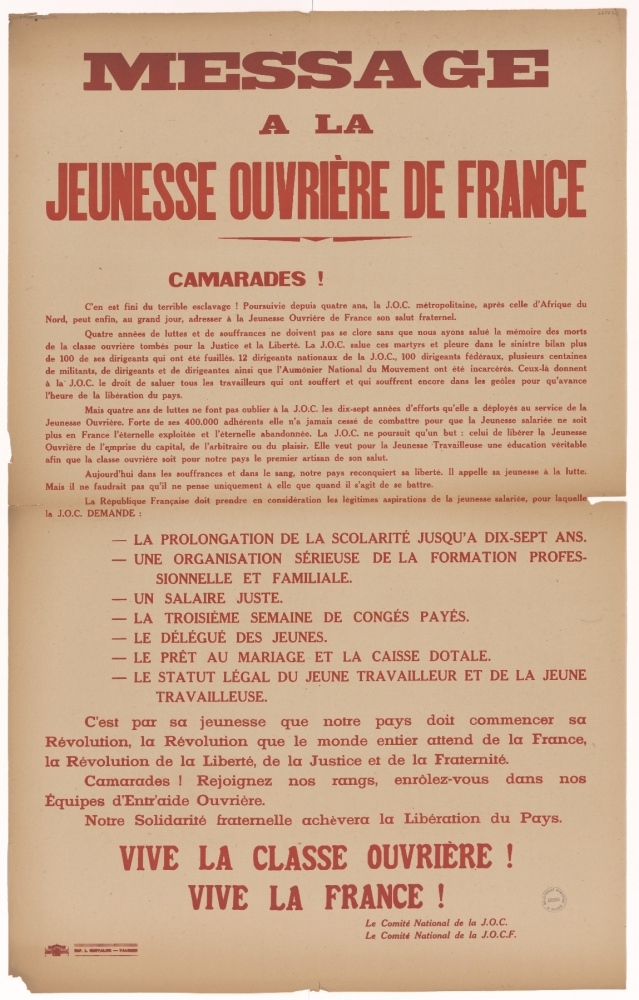 Message à la jeunesse ouvrière de France