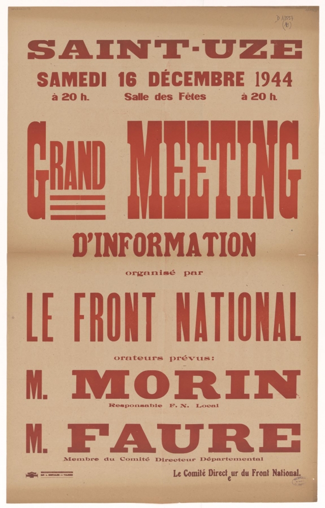 Saint-Uze : Grand Meeting d'Information organisé par le Front National [16 décembre 1944]