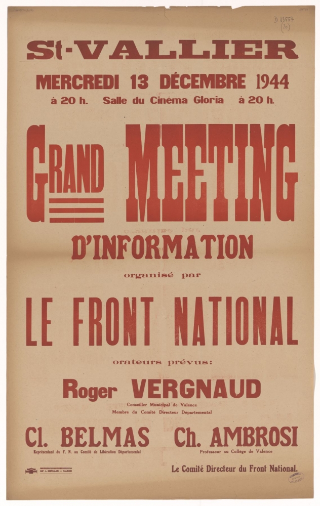 Saint-Vallier : Grand Meeting d'Information organisé par le Front National [13 décembre 1944]