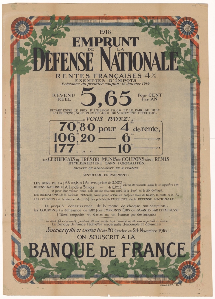 Emprunt de la Défense Nationale : Rentes françaises 4 % exemptes d'impôts. On souscrit à la Banque de France : [affiche] 