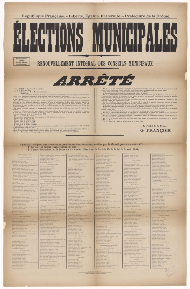 Préfecture de la Drôme. Élections municipales : Renouvellement intégral des Conseils Municipaux : Arrêté [Valence, 15 avril 1908]