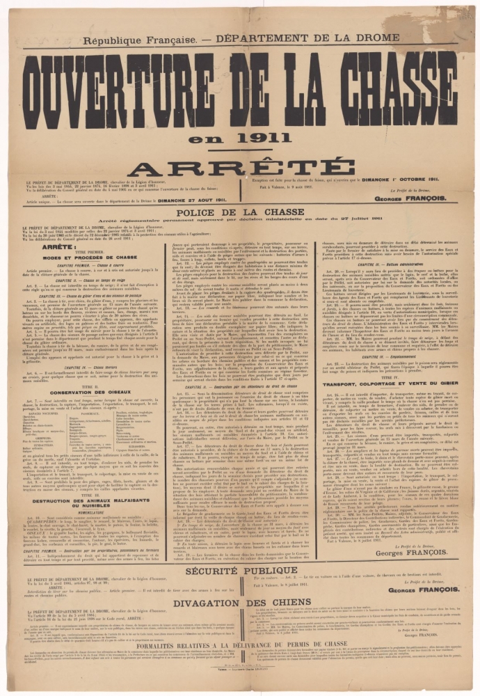 Département de la Drôme. Ouverture de la chasse en 1911 : Arrêté