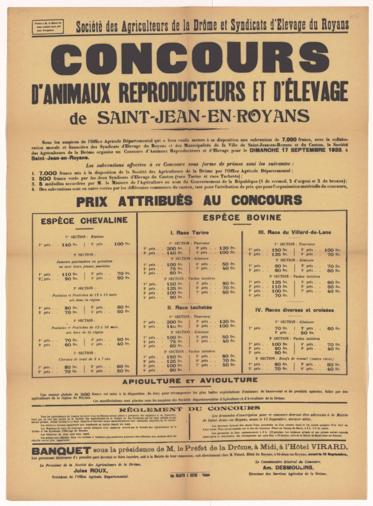 Société des Agriculteurs de la Drôme et Syndicats d'Elevage du Royans. Concours d'animaux reproducteurs et d'élevage de Saint-Jean-en-Royans