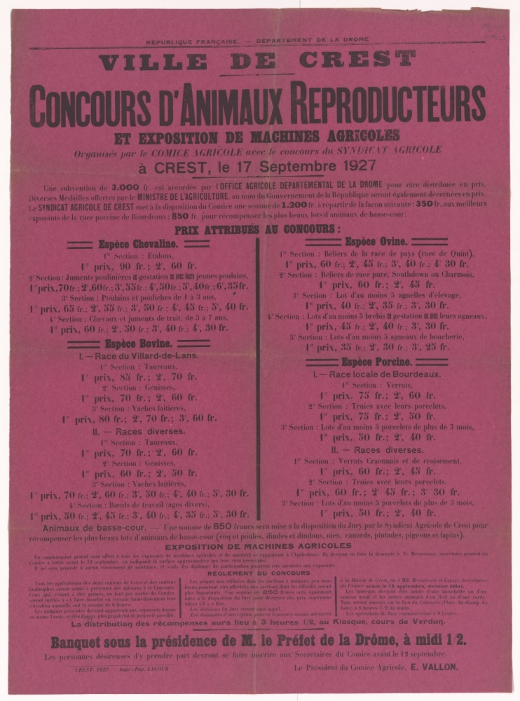 Département de la Drôme. Ville de Crest : Concours d'Animaux Reproducteurs et Exposition de Machines Agricoles