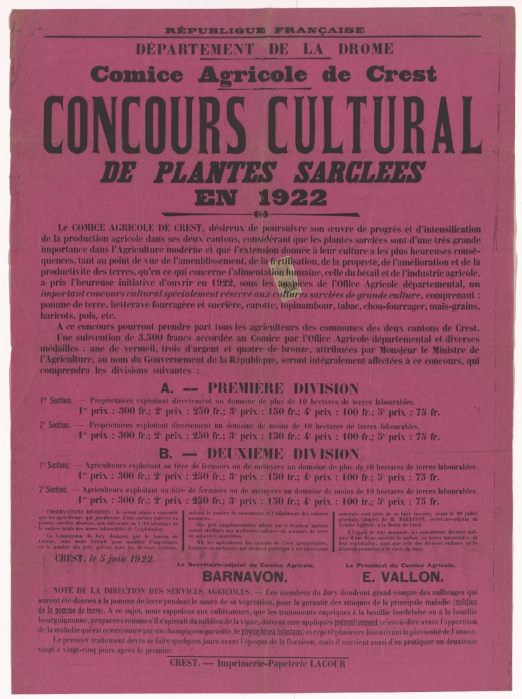 Département de la Drôme. Comice Agricole de Crest : Concours cultural de plantes sarclées en 1922