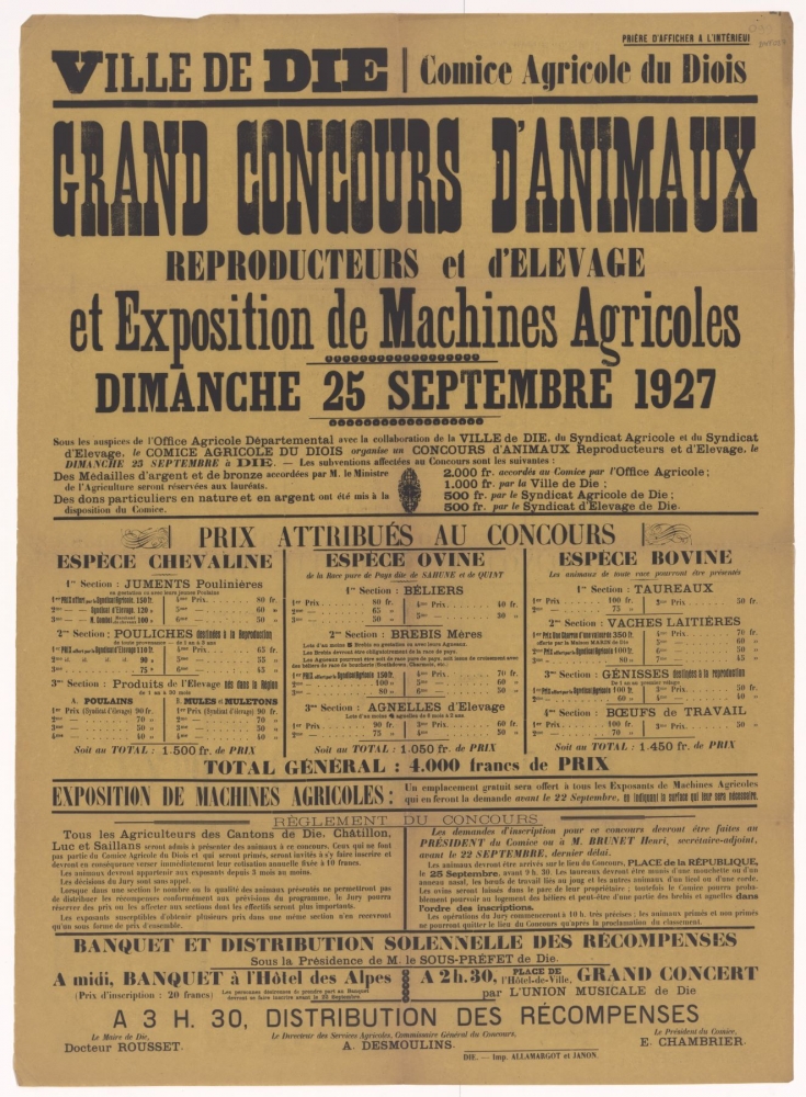 Ville de Die. Comice Agricole du Diois : Grand Concours d'Animaux Reproducteurs et d'Elevage et Exposition de Machines Agricoles dimanche 25 septembre 1927