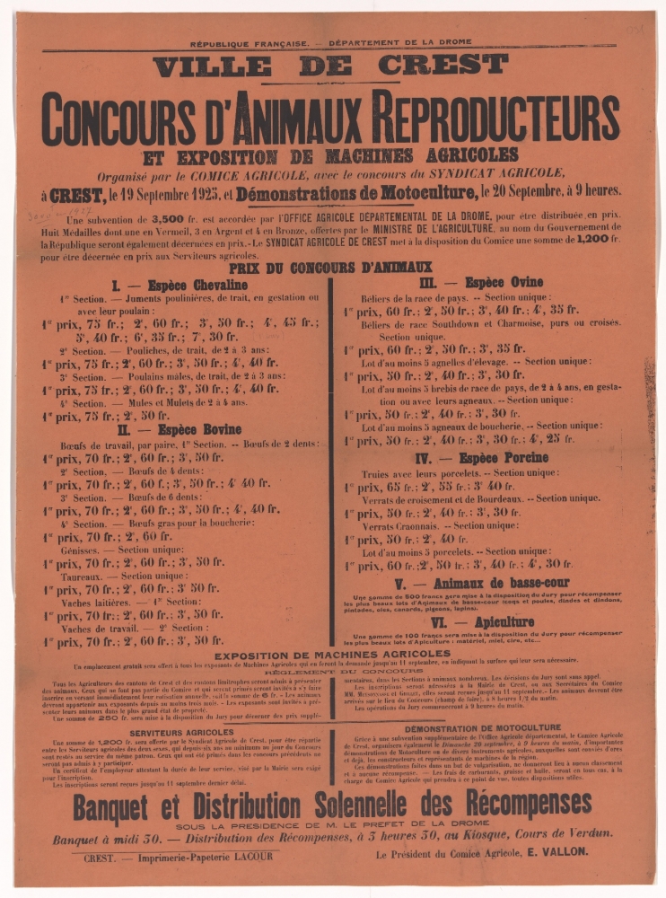 Département de la Drôme. Ville de Crest : Concours d'Animaux Reproducteurs et Exposition de Machines Agricoles le 19 septembre 1925