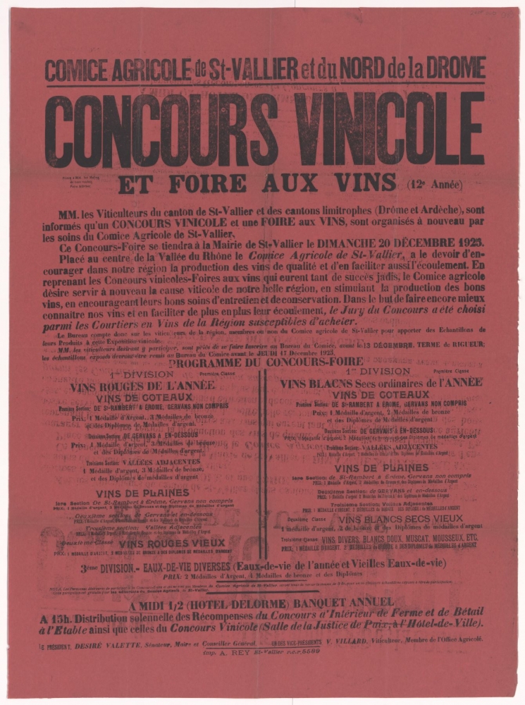 Comice Agricole de St-Vallier et du Nord de la Drôme. Concours vinicole et foire aux vins [dimanche 20 janvier 1925]