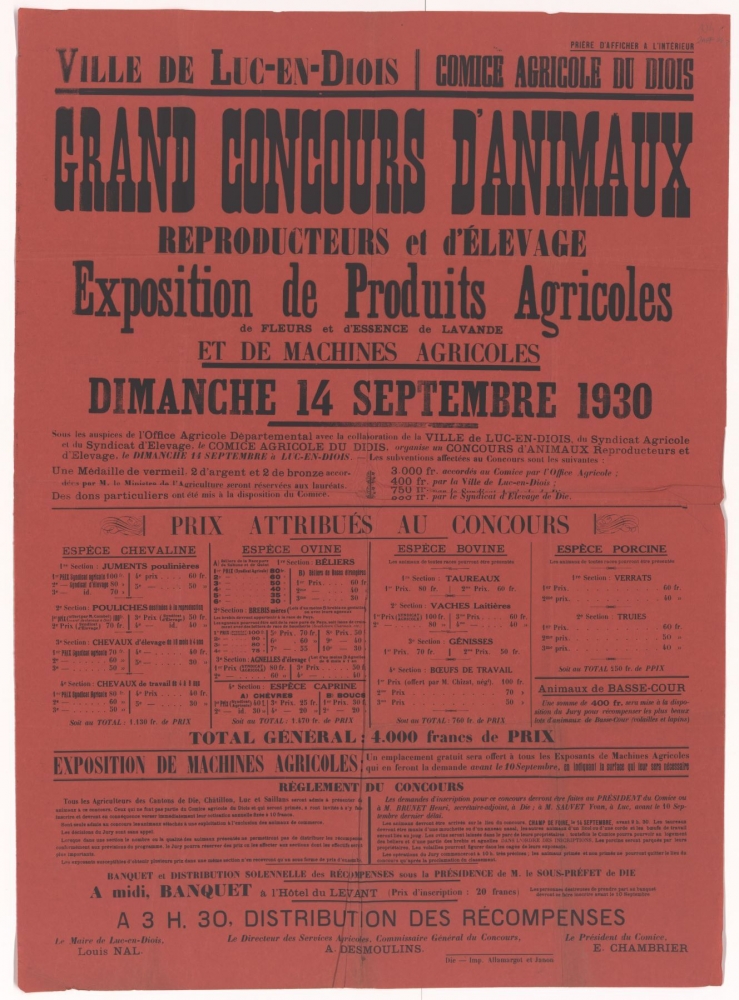 Ville de Luc-en-Diois. Comice Agricole en Diois : Grand Concours d'Animaux Reproducteurs et d'Elevage : Exposition de Produits Agricoles de Fleurs et d'Essence de Lavande et de Machines Agricoles