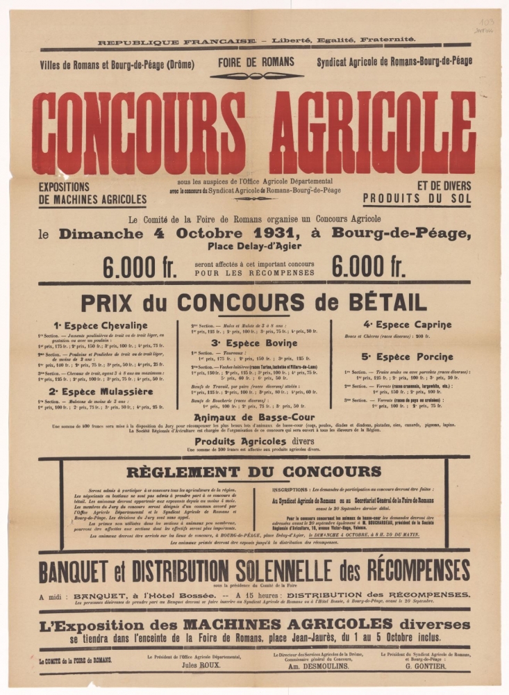 Villes de Romans et Bourg-de-Péage (Drôme). Syndicat Agricole de Romans-Bourg-de-Péage : Concours Agricole sous les auspices de l'Office Agricole Départemental