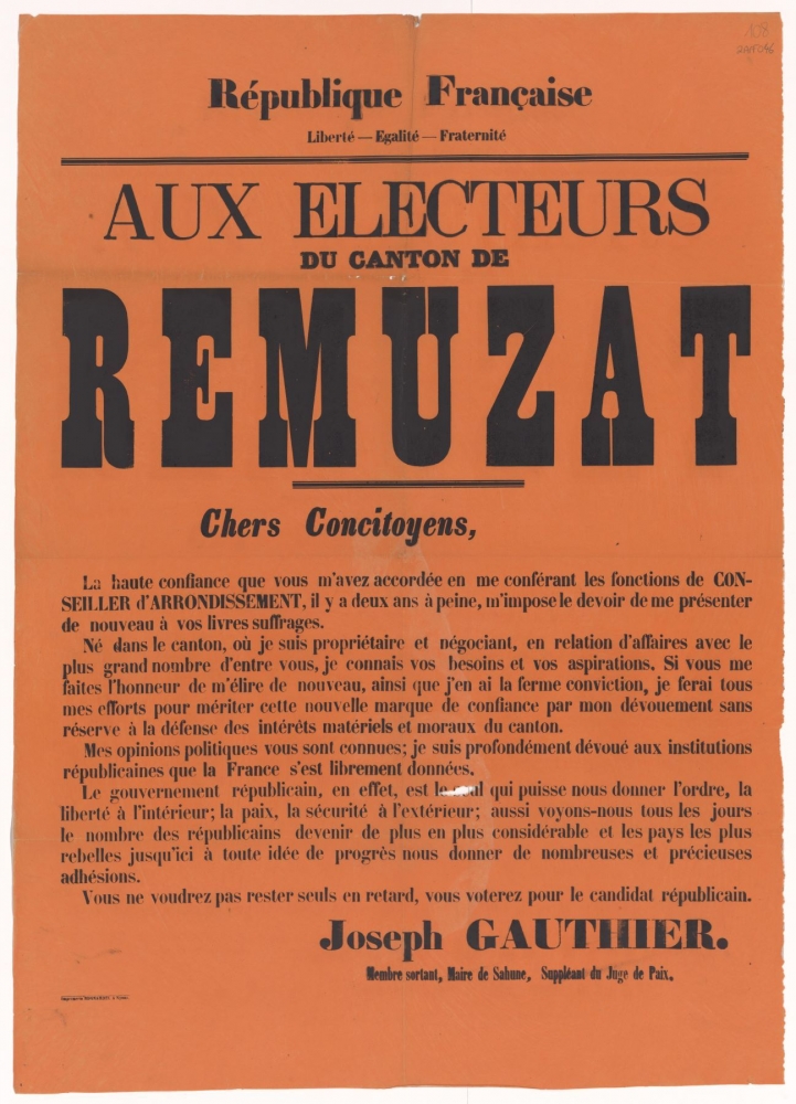 Aux électeurs du canton de Remuzat : Chers Concitoyens [élection des Conseillers d'Arrondissement]