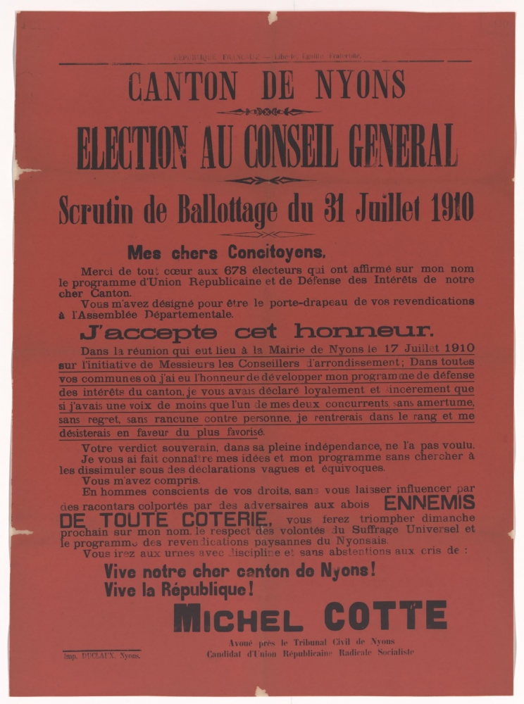 Canton de Nyons. Election au Conseil Général : Scrutin de Ballottage du 31 juillet 1910