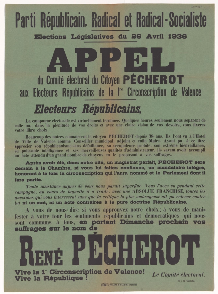 Parti Républicain, Radical et Radical-Socialiste. Élections Législatives du 26 Avril 1936 : Appel du Comité électoral du Citoyen Pécherot aux Electeurs Républicains de la 1re Circonscription de Valence