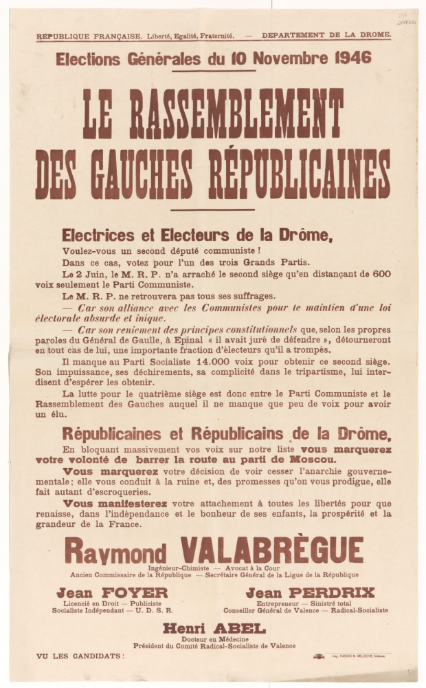 Département de la Drôme. Elections Générales du 10 Novembre 1946 : Le Rassemblement des Gauches Républicaines [Raymond Valabrègue, Jean Foyer, Jean Perdrix et Henri Abel]