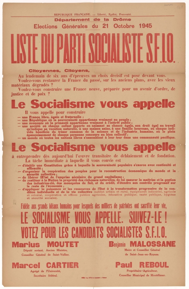 Département de la Drôme. Élections Générales du 21 Octobre 1945 : Liste du Parti Socialiste S.F.I.O. [Marius Moutet, Marcel Cartier, Benjamin Malossane, Paul Reboul]