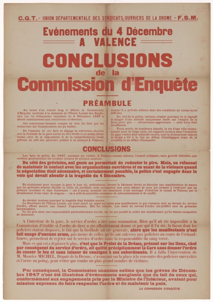 C.G.T. - Union départementales des Syndicats ouvriers de la Drôme. - F.S.M. : Événements du 4 décembre à Valence. Conclusions de la Commission d'Enquête