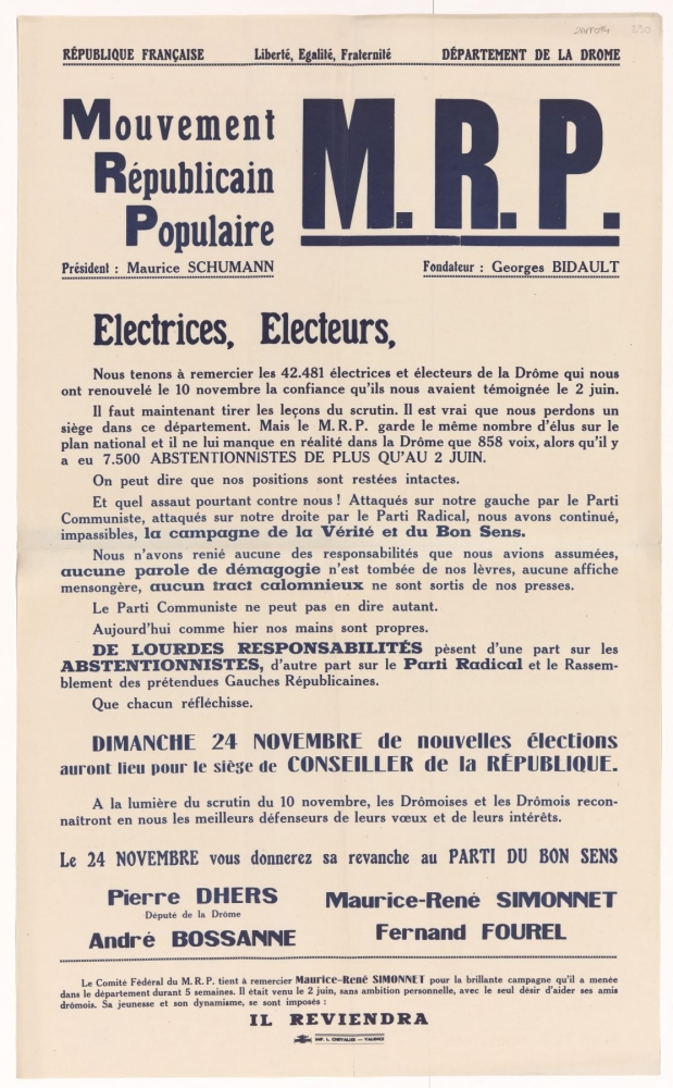 Département de la Drôme. Mouvement Républicain Populaire : M.R.P.