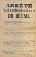 Préfecture de la Drome : Arrêté relatif à l'interdiction de sortie du bétail [Valence, 18 mai 1918]