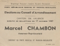 Canton de Valence. Élections au Conseil d'arrondissement : Marcel Chambon / Parti républicain radical et radical-socialiste  [bulletin de vote] 