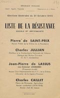 Département de la Drôme. Élections générales du 21 octobre 1945 : liste de la Résistance Sociale et Antifasciste [bulletin de vote]